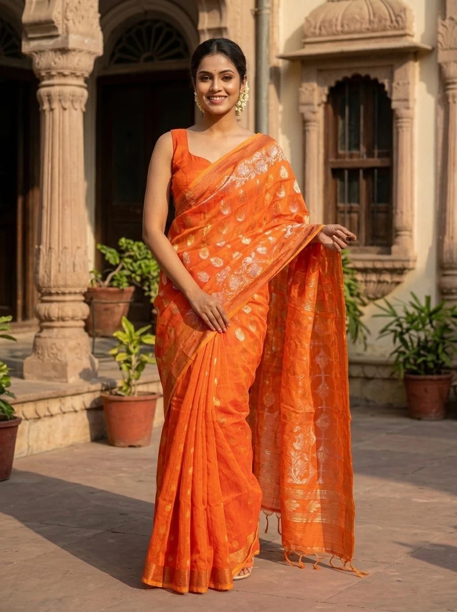 Women Orange Banarasi Khadi Saree With Unstitched Blouse Piece