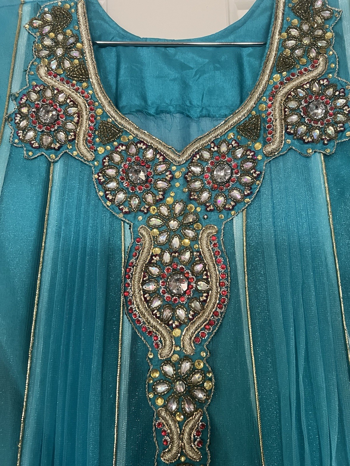 Handmade Custom Anarkali dress/suit Teal/Gold Embellished Size 11/12 India