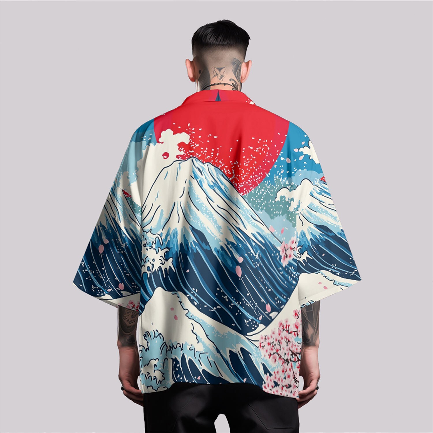 Niepce Men’s Japanese Graphic Lightweight Fuji Waves Kimono Cardigan Shirt Top