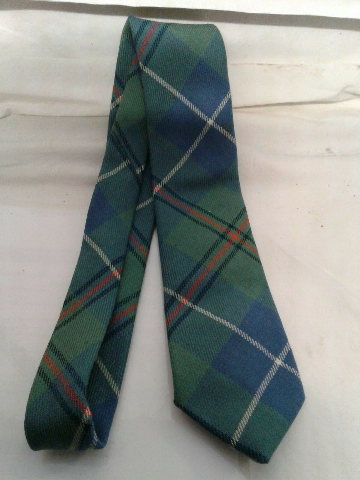 Vintage House of Edgar necktie 100% wool tartan plaid blue/green Scotland pre A