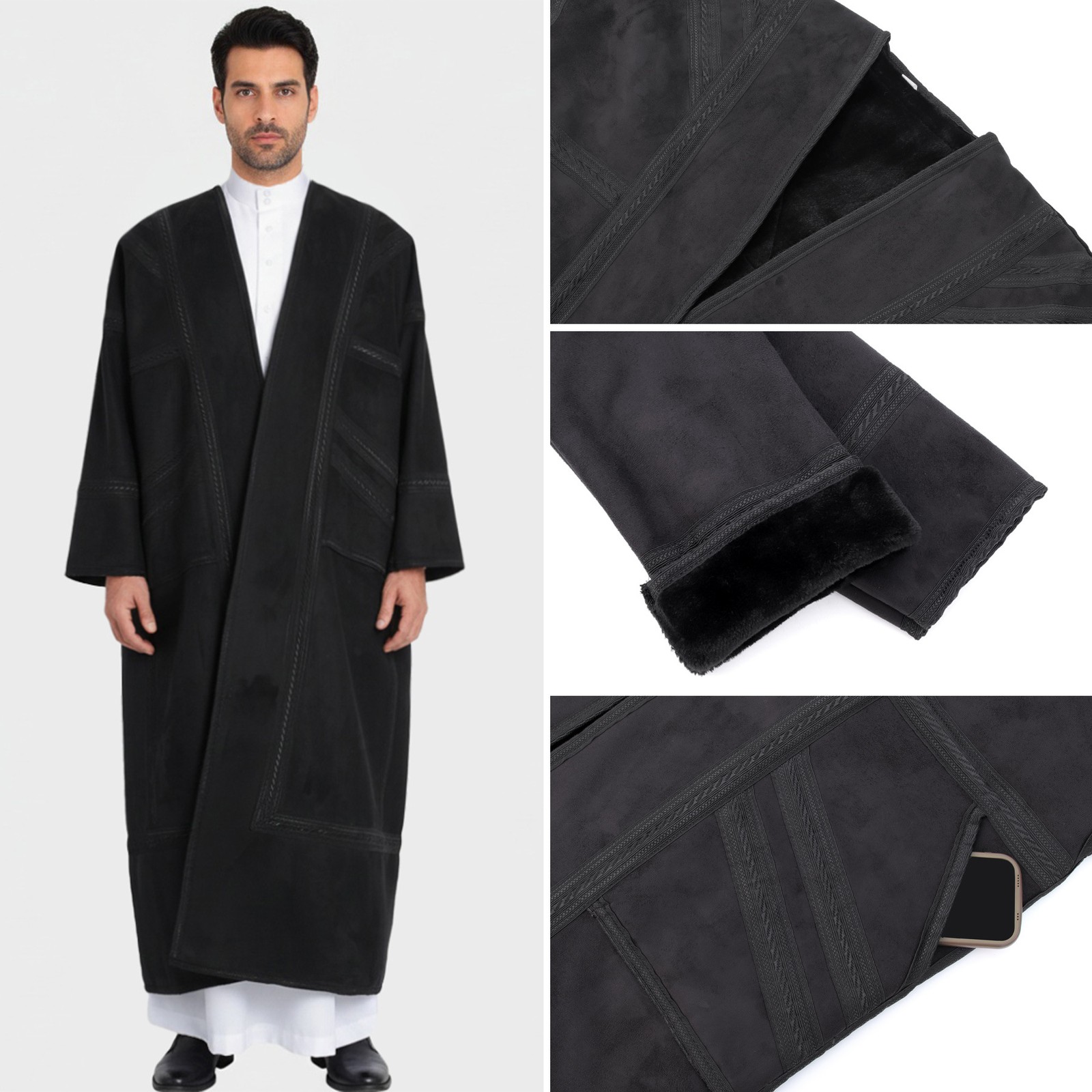 Arab Mens Winter Long Robe Saudi Suede Warm Thobe Dishdasha Thoub Prayer Kaftan
