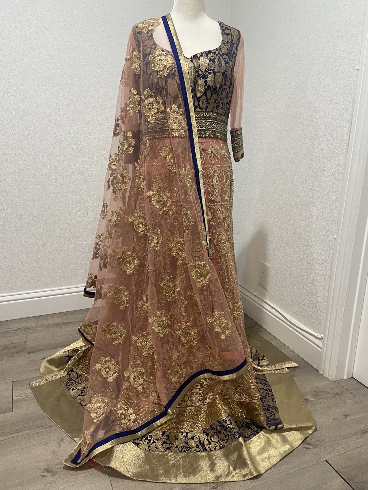 Women’s Indian Suit With Slit | Pink, Blue And Gold | Dupatta Chunni And Pants |