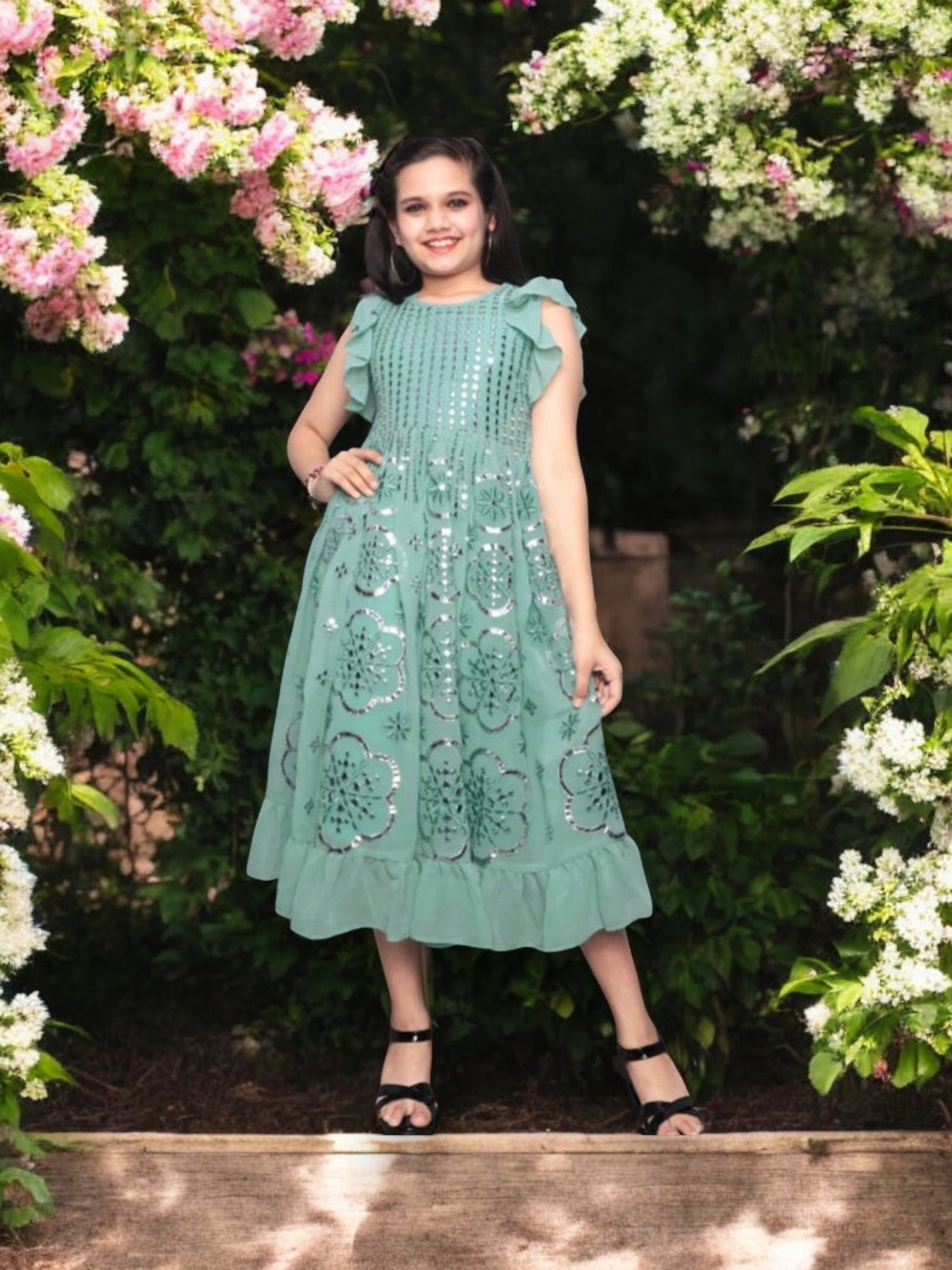 Sea Breeze Delight-Traditional Party Wear Georgette Embroidery Mirror Work Frock