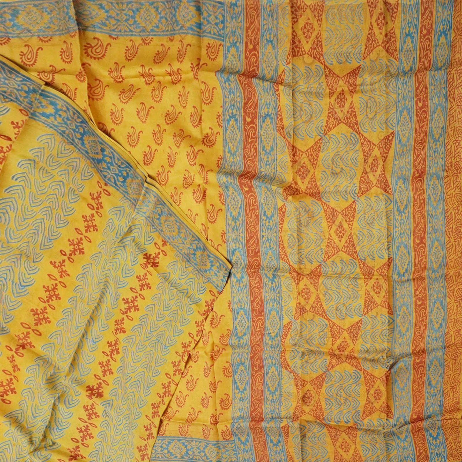 Vintage Mustard Sarees 100% Pure Silk Printed Indian Sari 6YD Craft Decor Fabric