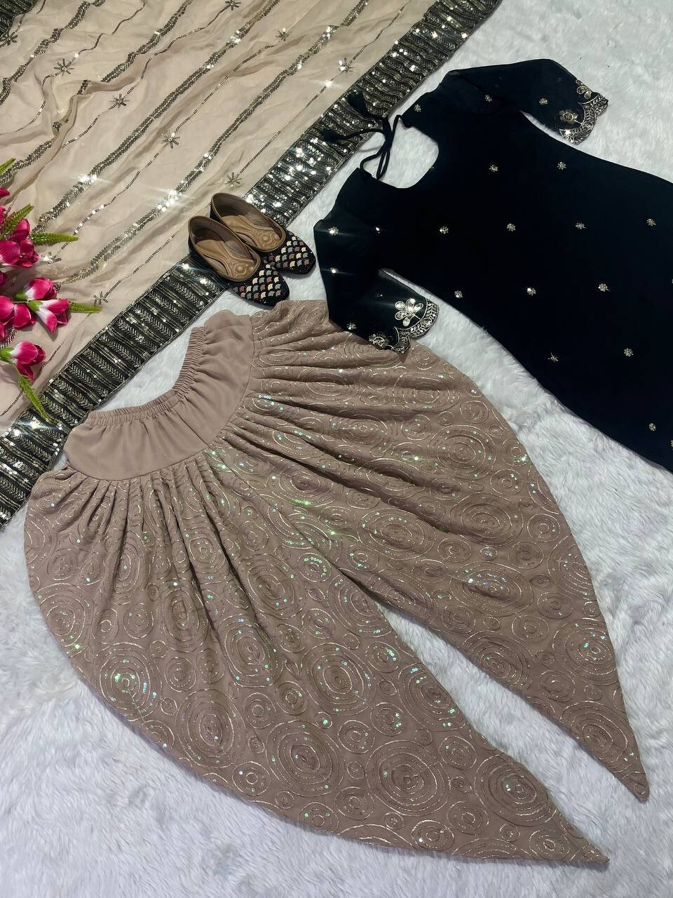 New Presenting Malay Satin Silk Black Top Dhoti And Dupatta For Women & Girls