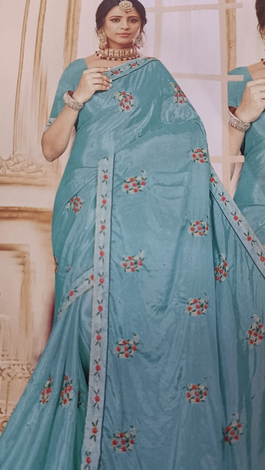 Beautiful Silk Yellow Red Golden Color All Embroidery Flower Anniversary Saree