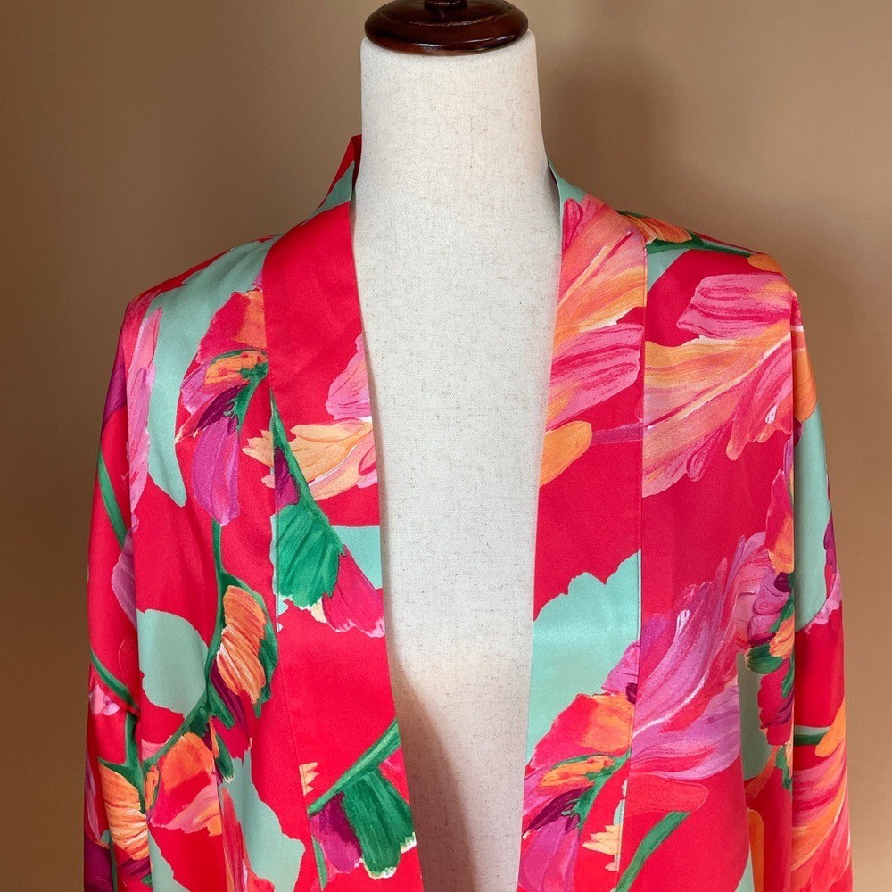 Chicos Womens Kimono Cardigan Floral Japanese Pink Red Size Small/Medium Satin