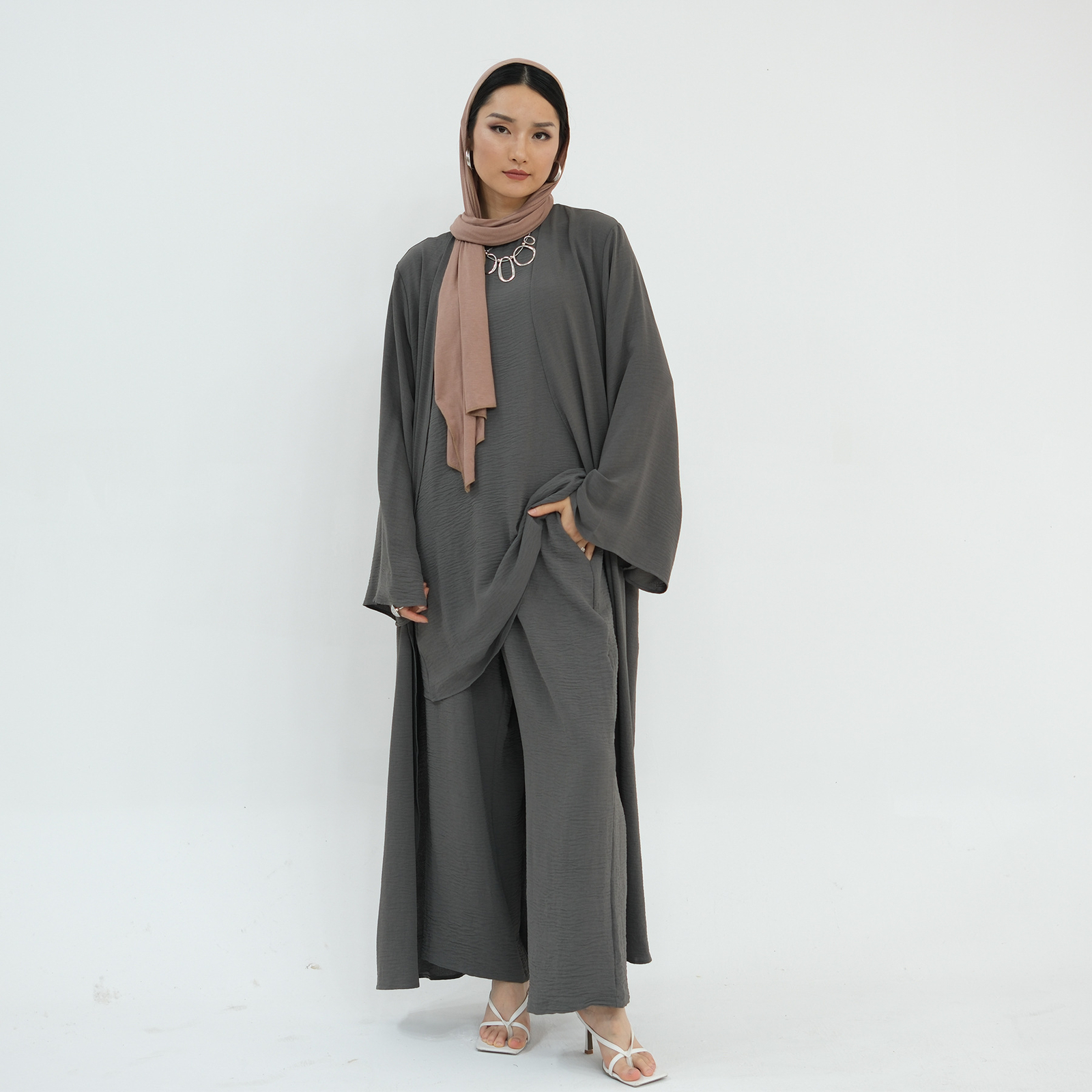 Muslim Women 3pcs Set Open Kimono Vest Pants Kaftan Dress Dubai Abaya Outfits