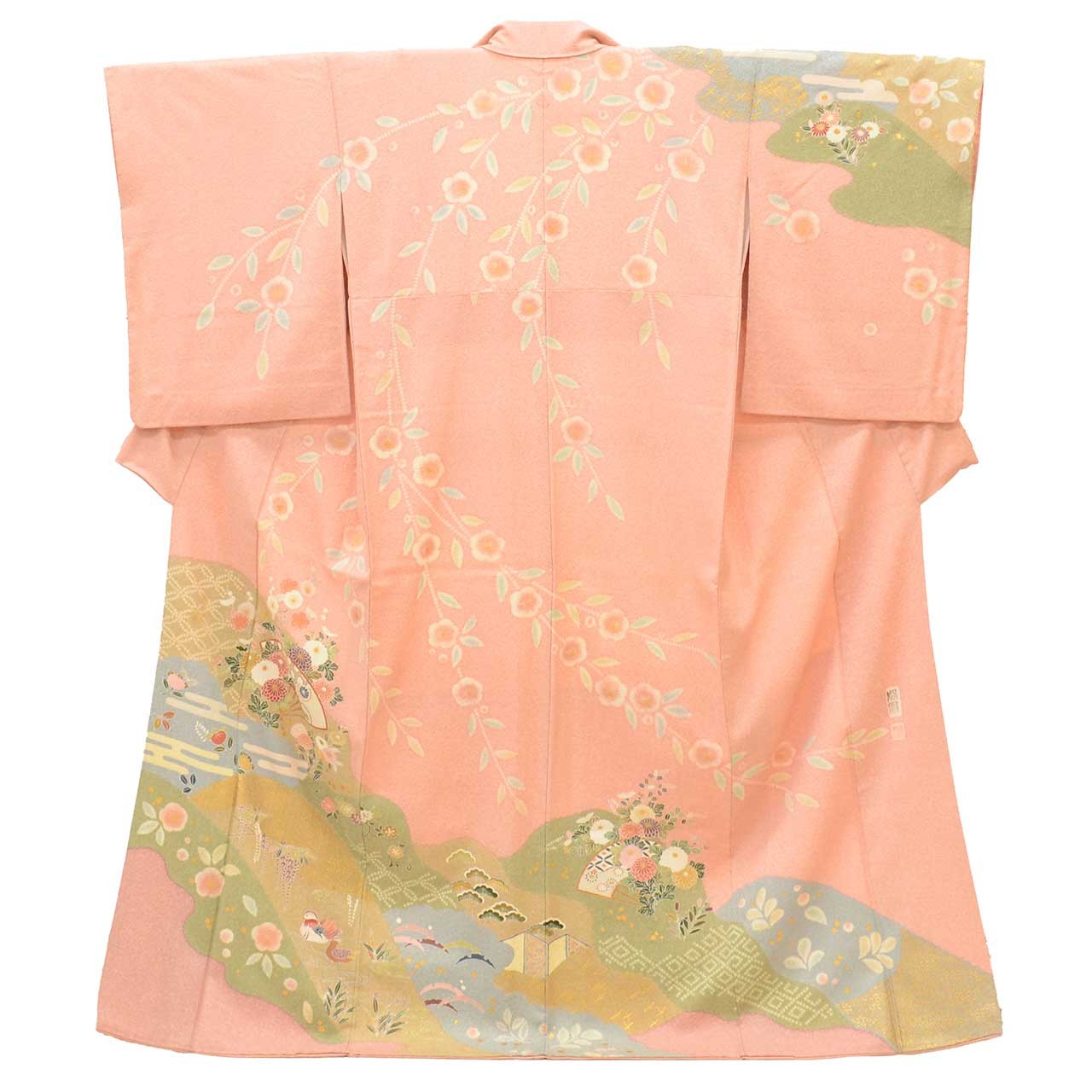 Vintage Japanese Kimono | Houmongi | Pink Silk | Botanical Fan | uu2530b