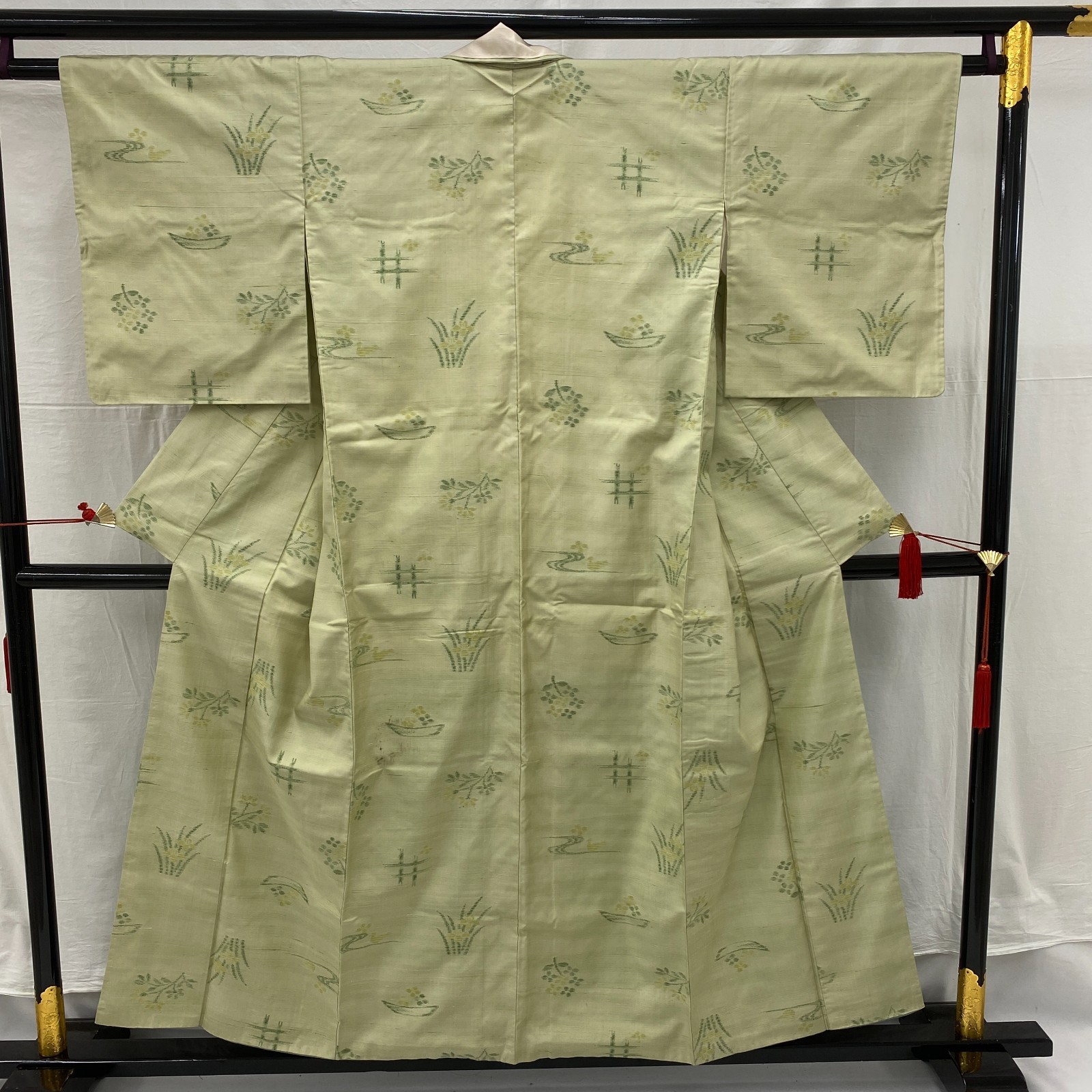 Japanese Vintage Kimono Polyester Green Komon Traditional Authentic Length 60in