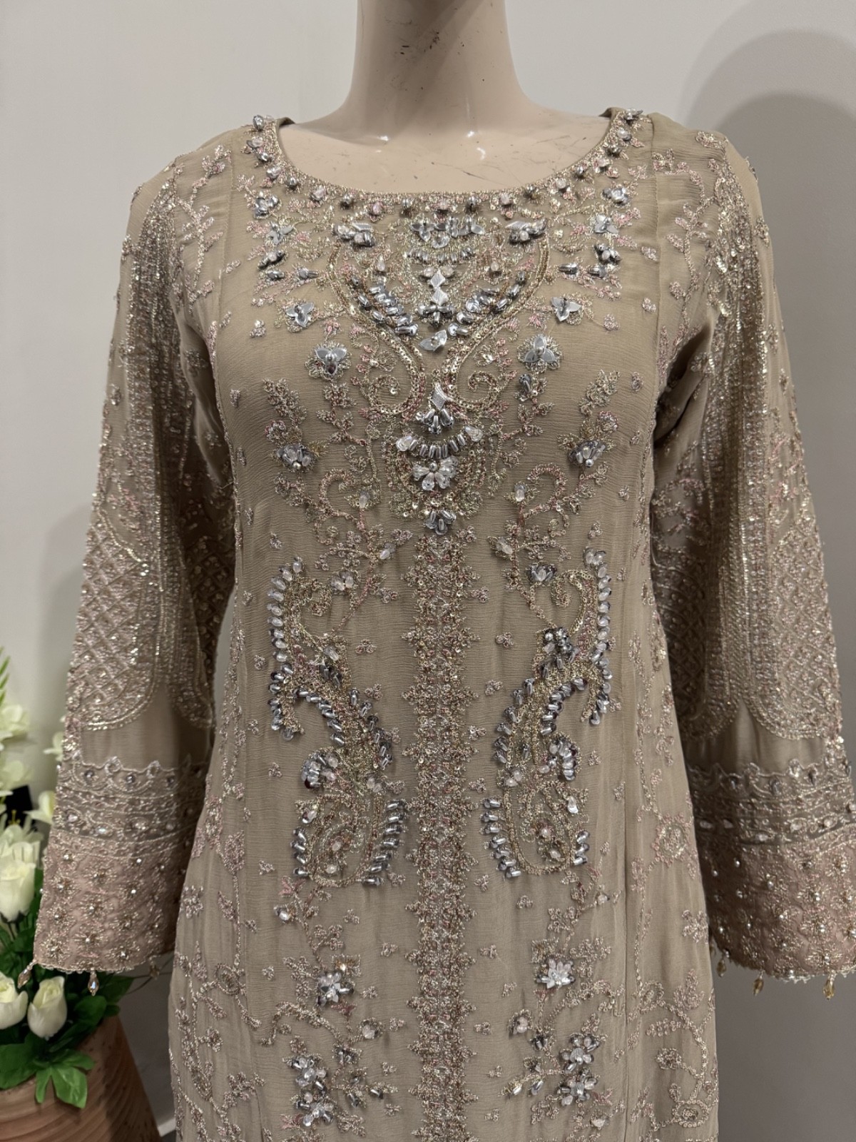 Pakistani Dark Beige Straight Style Embroidered Sequins Chiffon Sharara Dress,L