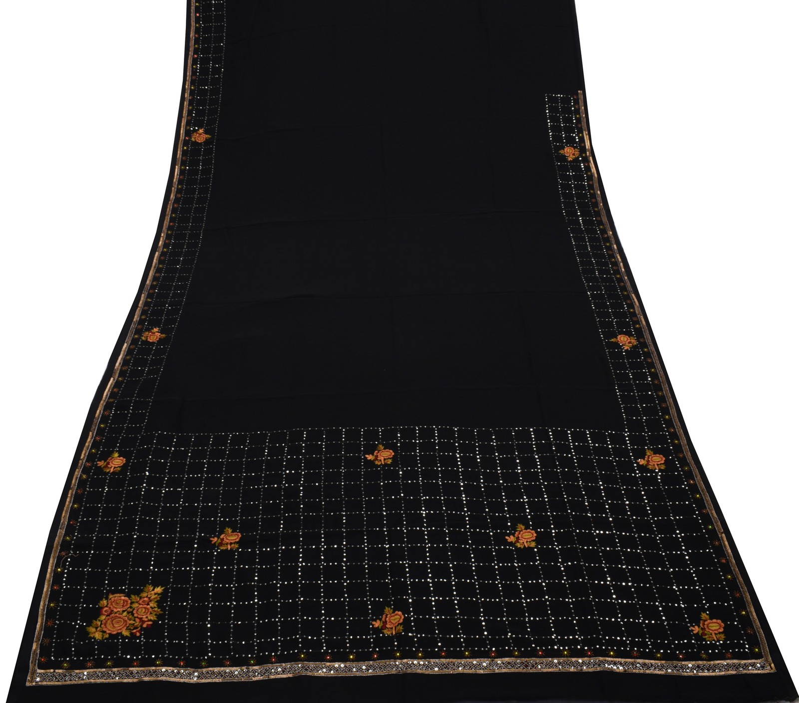 Sushila Vintage Black Saree Blend Georgette Silk Hand Beaded Floral Sari Fabric