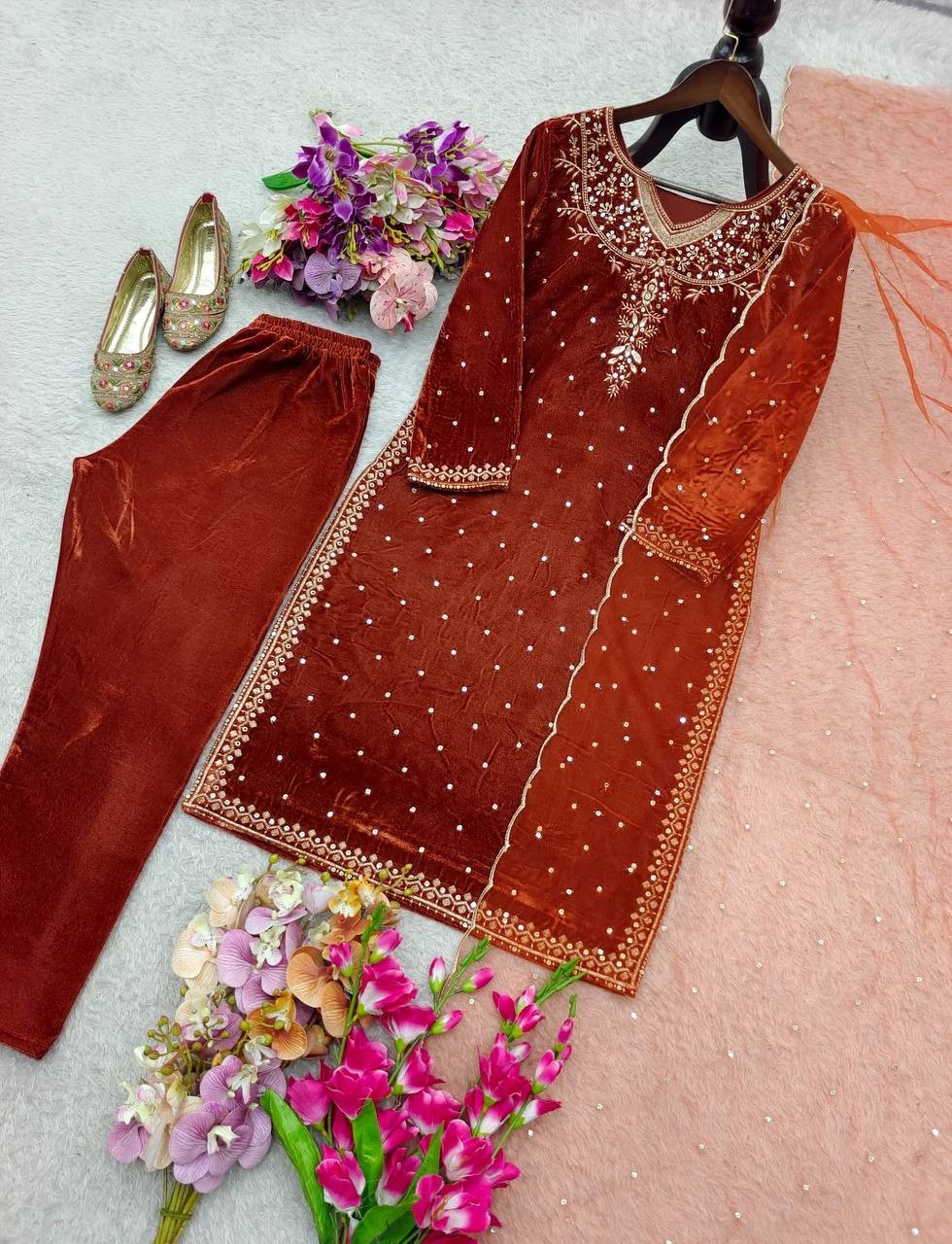 Premium Designer Maroon Viscose Velvet Salwar Kameez With Dupatta For Women