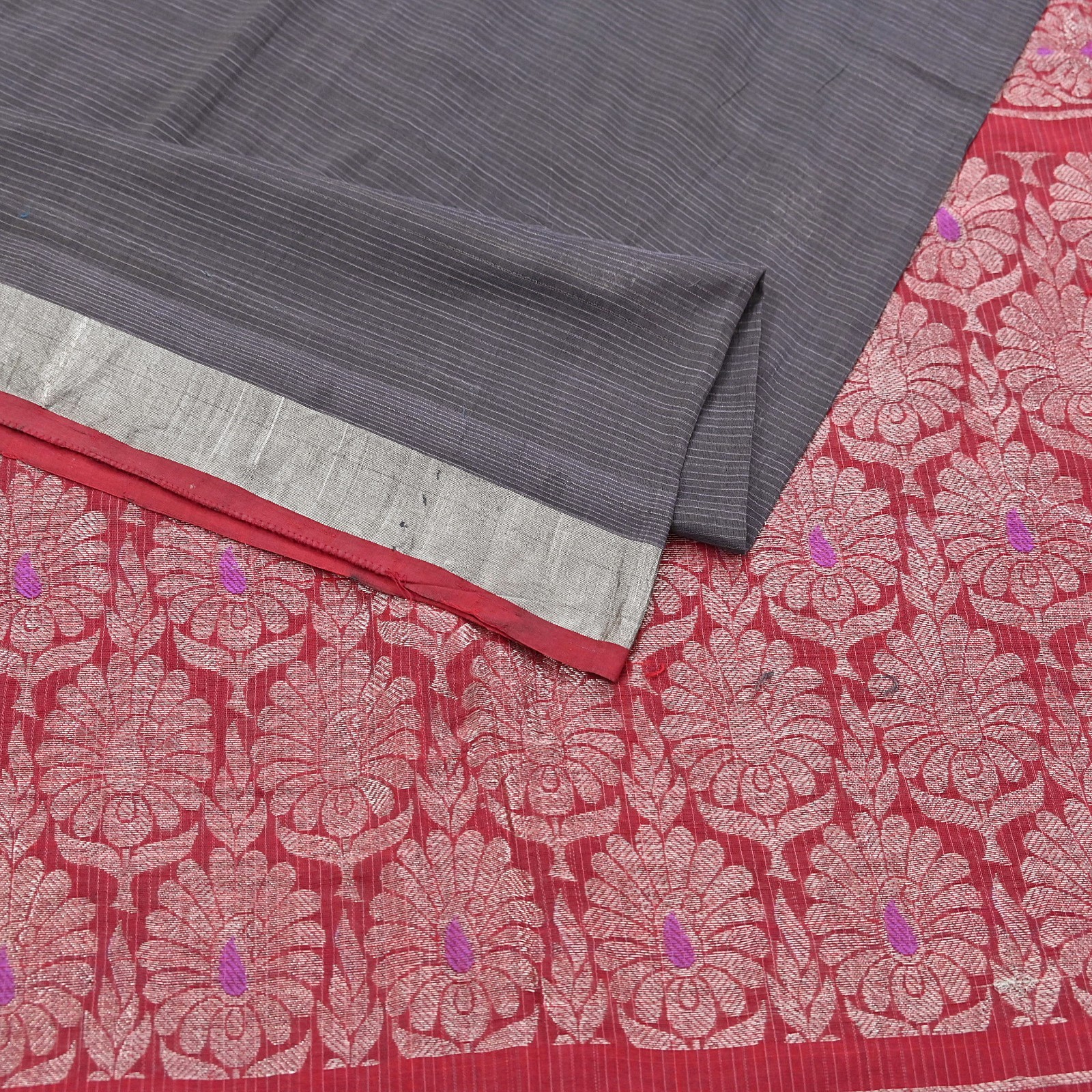 Indian Vintage Sari Red & Brown Pure Cotton Hand Woven Sarees Craft Fabric 5yd