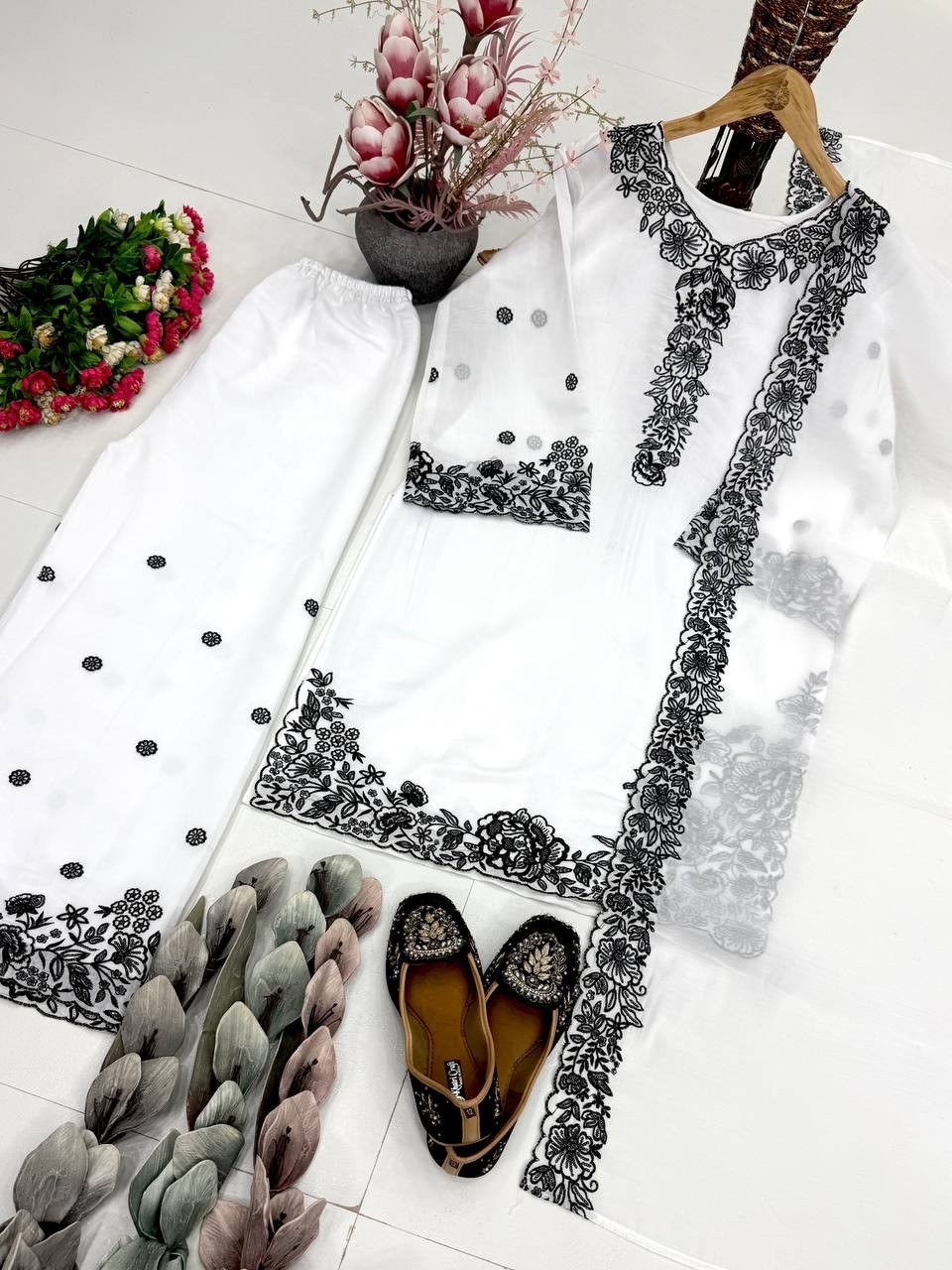 Fancy Designer White Mal Chanderi Kurta Palazzo With Dupatta For Wedding Wear