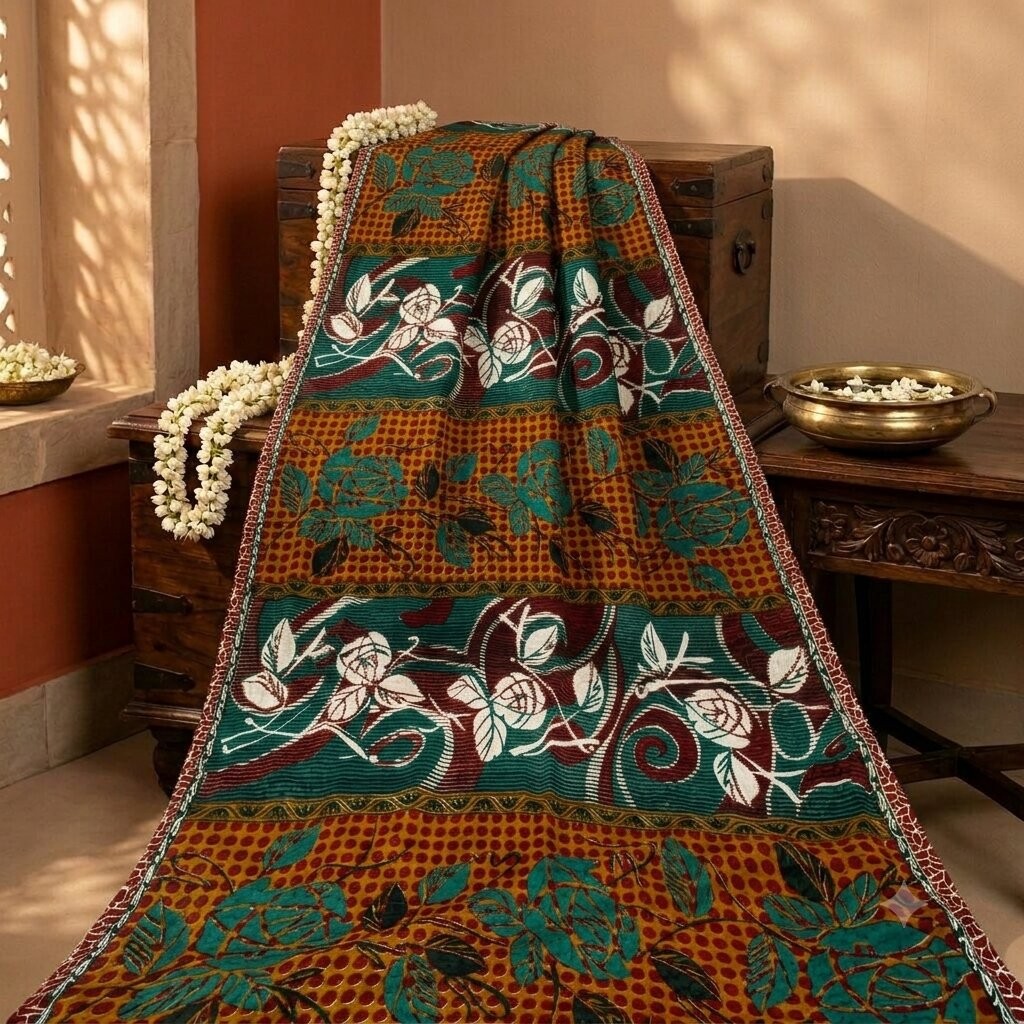 Sanskriti Vintage Multicolor Moss Crepe Saree Floral Printed Fabric 5 Yard Sari