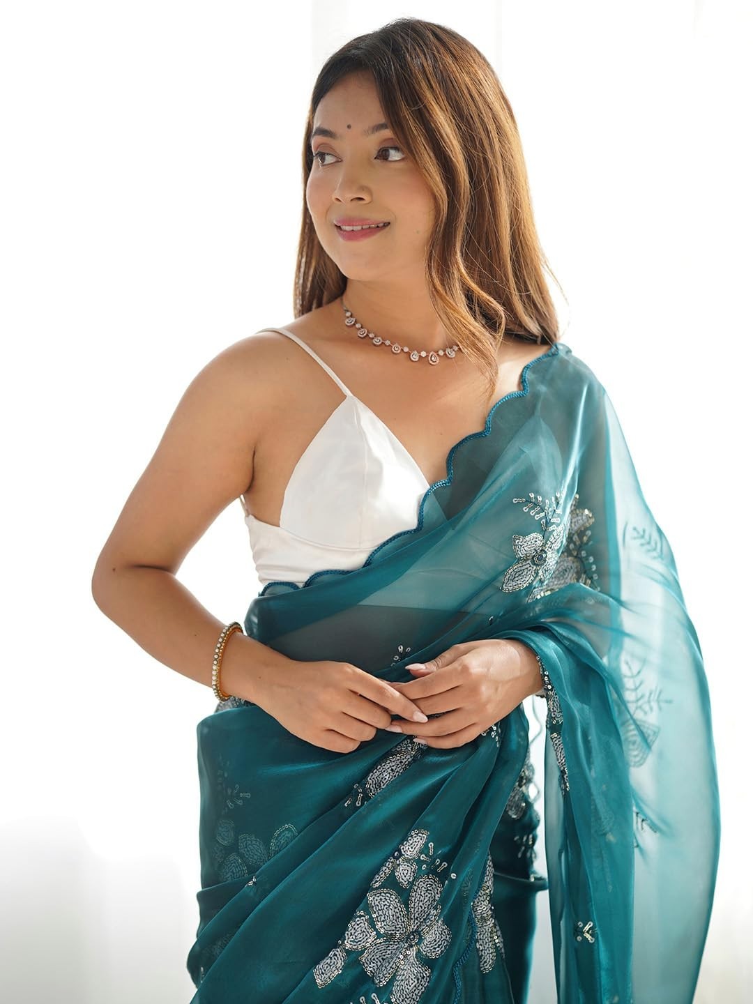Women’s Shimmer Organza Sequence Embroidery Saree With Unstitched Blouse Piece