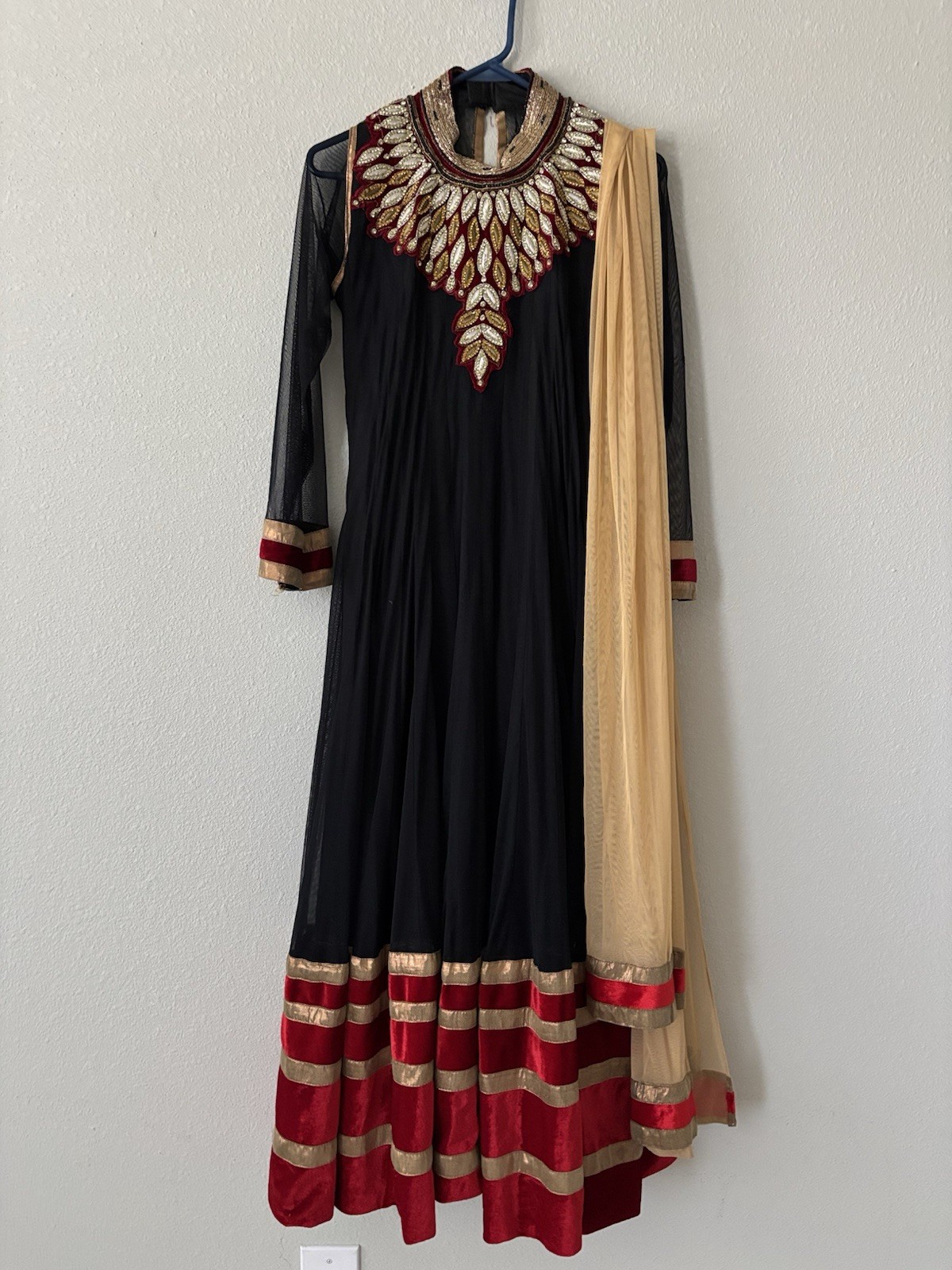 Black Net full length gown, high neck embroidery With Dupatta
