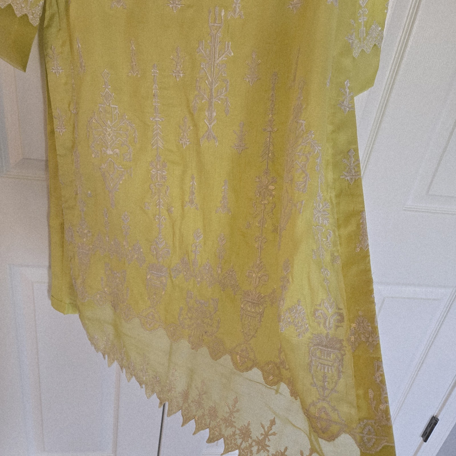 Embroidered Lime Yellow Top Shirt Long Kurti Cotton Silk Organza Size S/M