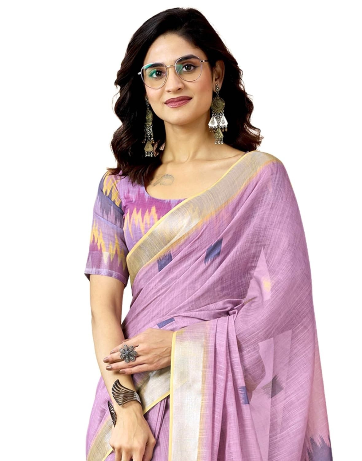 Women’s Cotton Linen Printed Ready To Wear With Pocket Saree with Blouse Piece