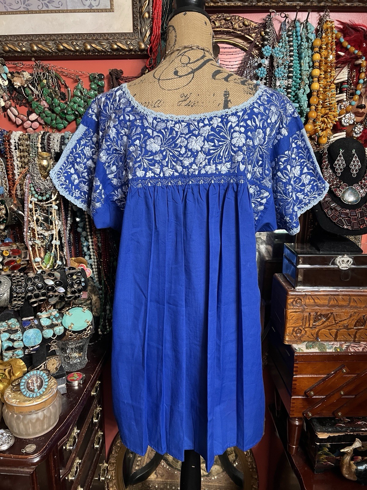 BEAUTIFUL El INTERIOR MEXICAN OAXACA BLUE & SILVER SILK EMBROIDERY TUNIC XL
