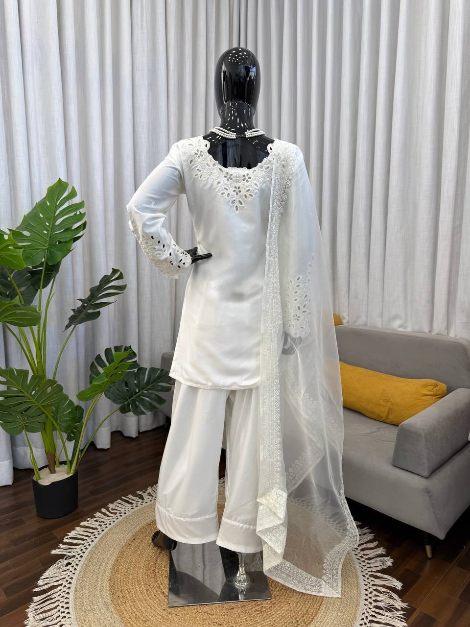 Ethnic Wear Natural Crep White Top Bottom With Dupatta For Women And Girls