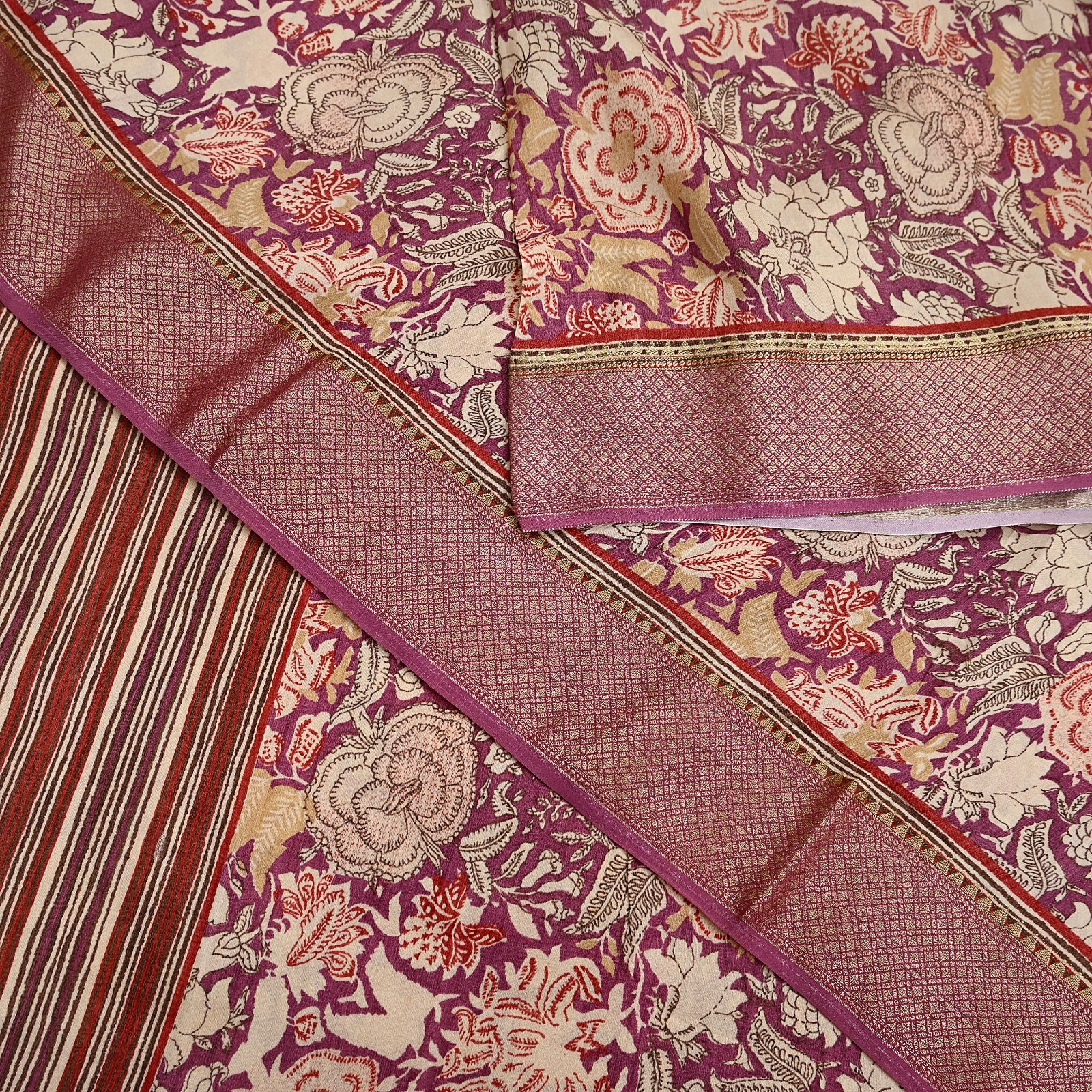 Vintage Purple beige Pure Khadi Silk Saree 5Yd Handloom Indian Sari Soft Fabric