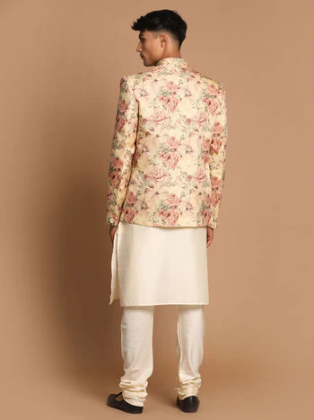 Men’s Beige Printed Jodhpuri And Cream Kurta Pyjama Set