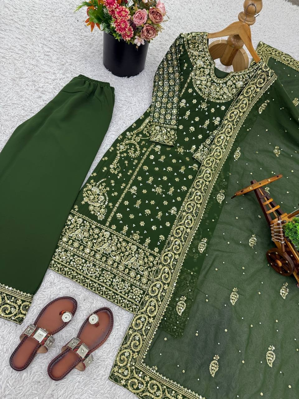 New Designer Green Heavy Viscose Velvet Top Palazzo And Dupatta For Party Wear