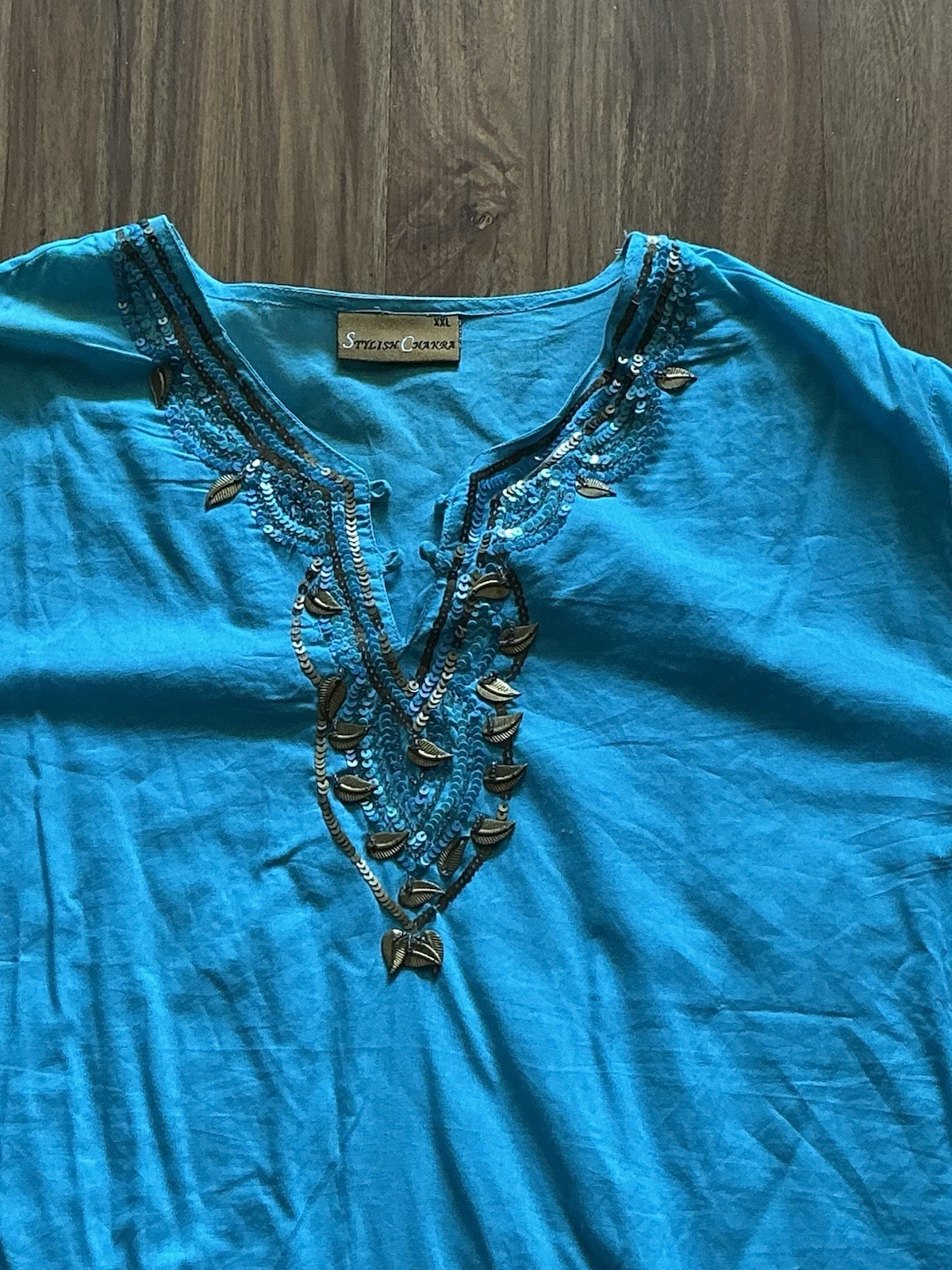 Long sleeve Blue Cotton Kurta Kurti Top Leaf Trinkets, 46” Bust 28” Long, New