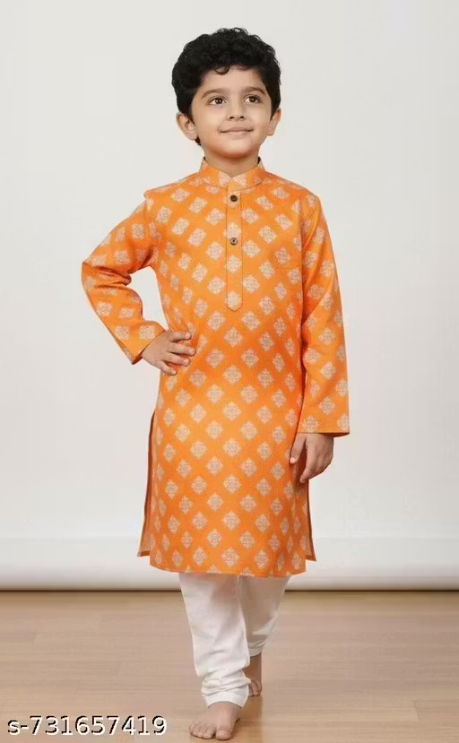 Boys Festive & Party Wear Printed Cotton Kurta with Pyjama Set (Orange)
