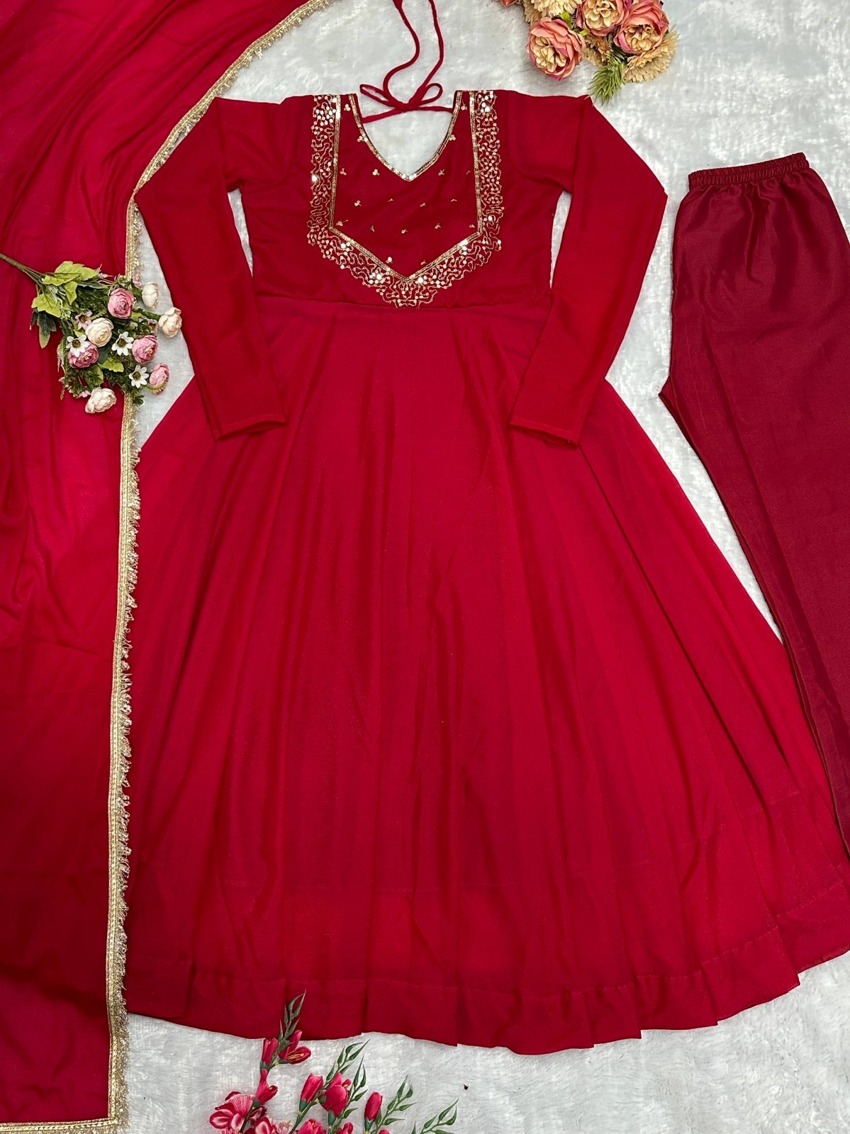 Latest New Heavy Georgette Red Gown Bottom With Dupatta For Women & Girls