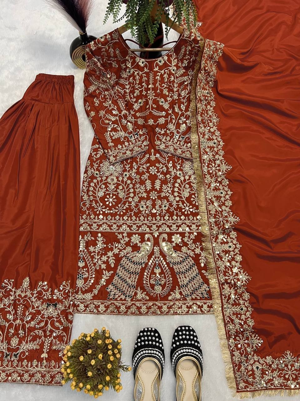 Exclusive Look Heavy Natural Crepe Top Bottom With Orange Dupatta For Function