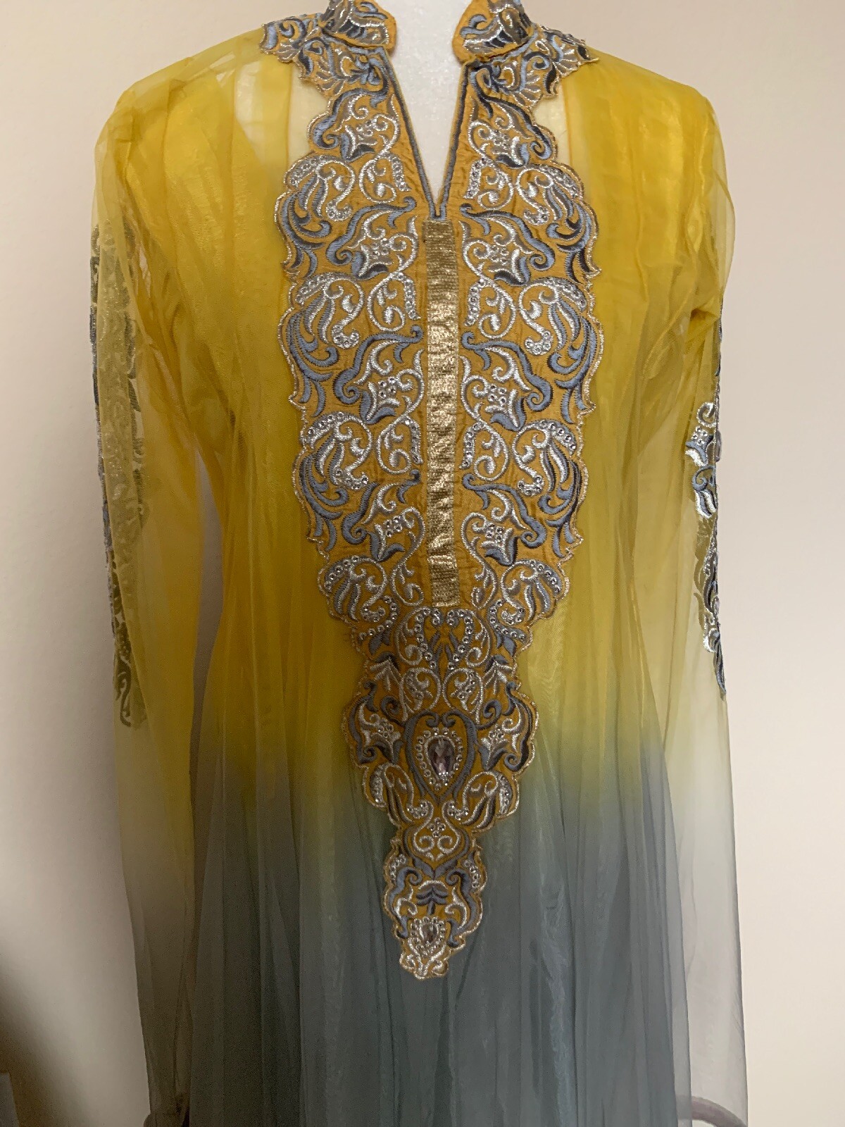 Womens yellow and gray formal kameez anarkali desi 3 Pc Party Pakistani L Eid