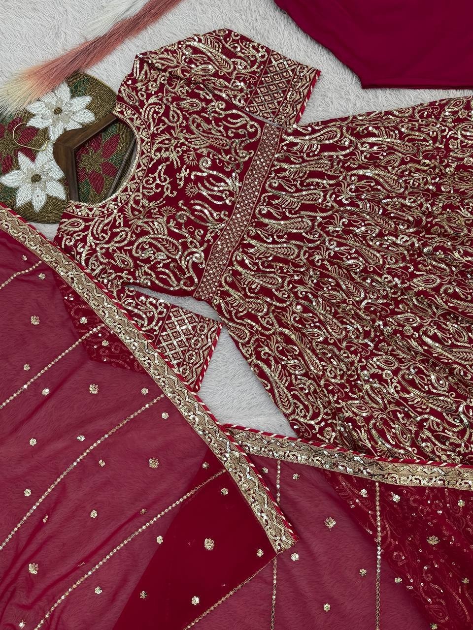 New Designer Maroon Heavy Faux Georgette Gown Bottom With Dupatta For Wedding