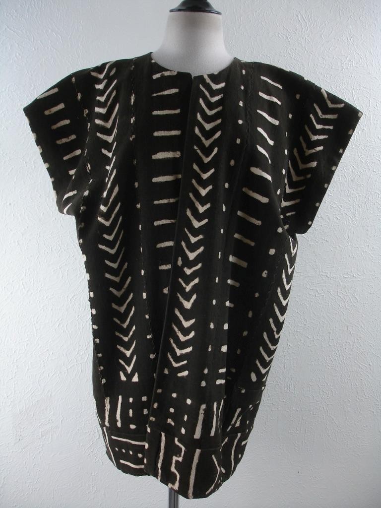 Men’s L Women’s XL African Vest Jacket Traditional Mudcloth Brown Open Front Vtg