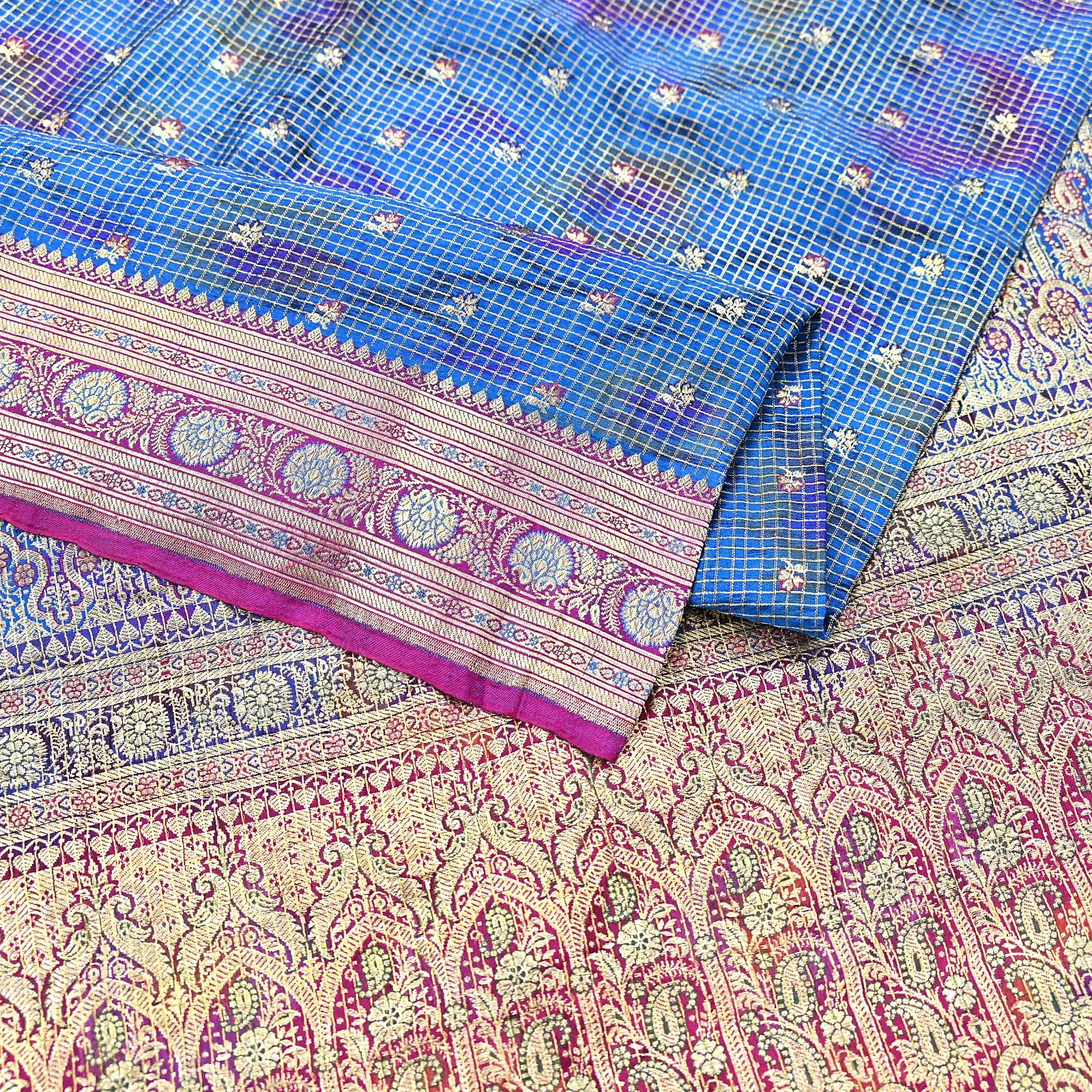 Indian Vintage Blue Heavy Sari Pure Satin Silk Woven Banarasi Tanchoi Saree 5yd