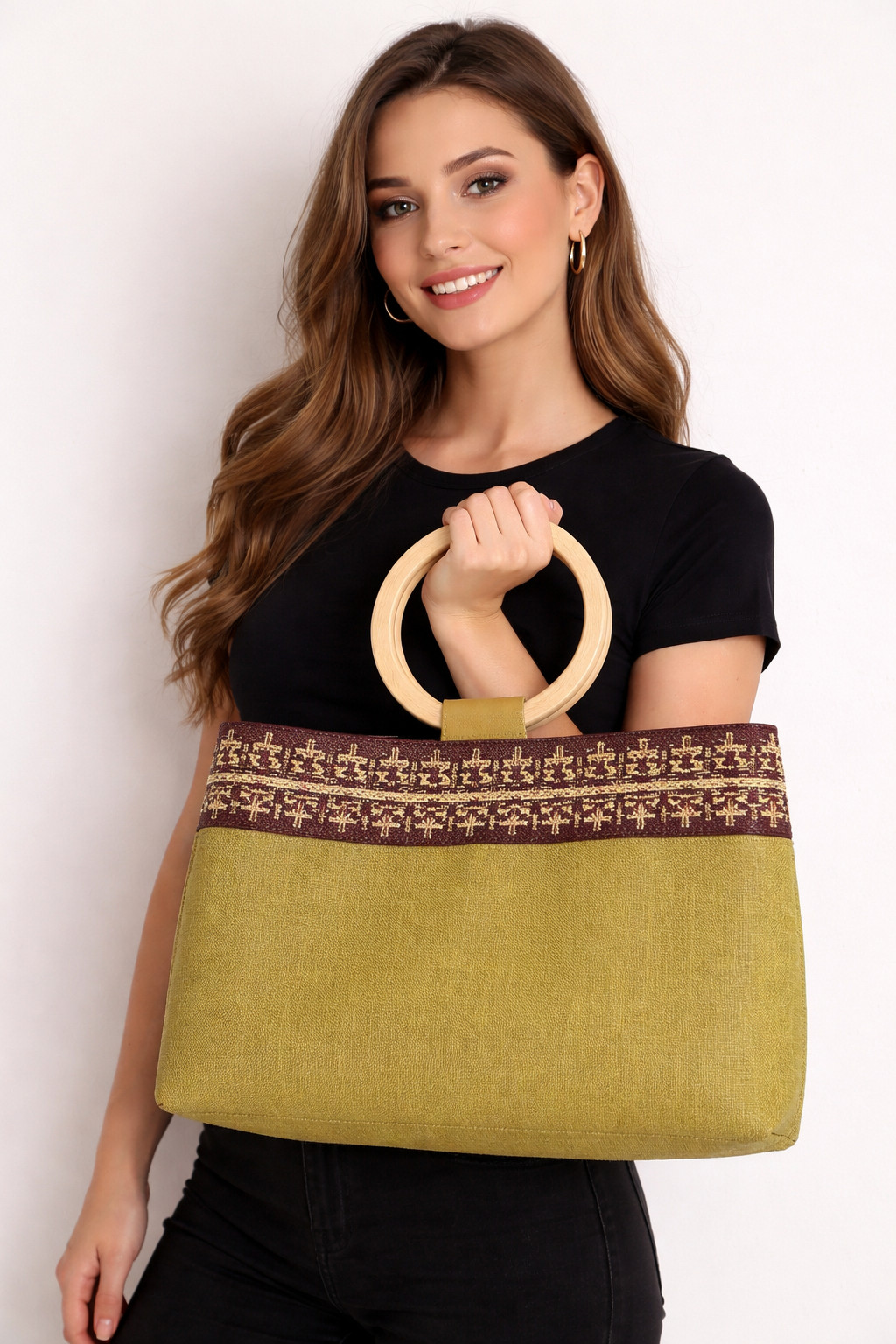 3pc Handmade Palestinian Tatreez Set: Olive Green Bag Wood Handle Scarf Necklace