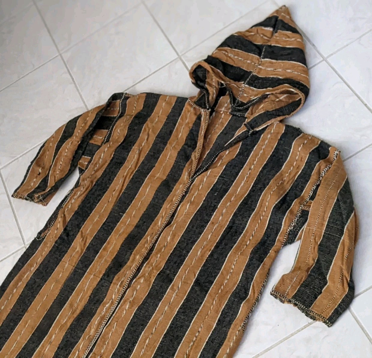 Vtg Handmade Moroccan Djellabah Stripes Jellaba Kaftan Wool Hooded Thobe Long