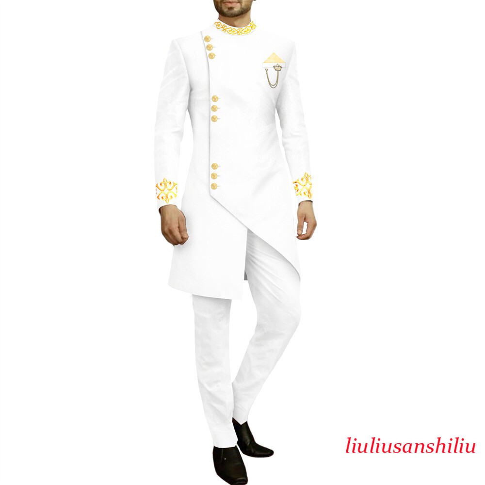 Men African Suits Dashiki Embroidery Jacket and Pants 2 Piece Set Formal Outfits