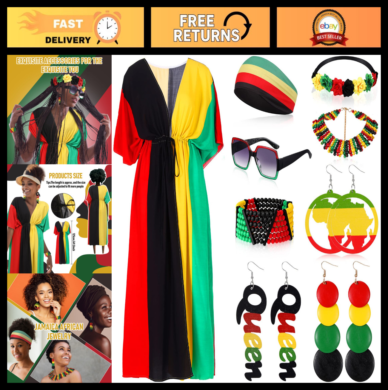 9 Pcs Women’s African Jamaican Accessories Set – Rasta Turban, Earrings, Necklac