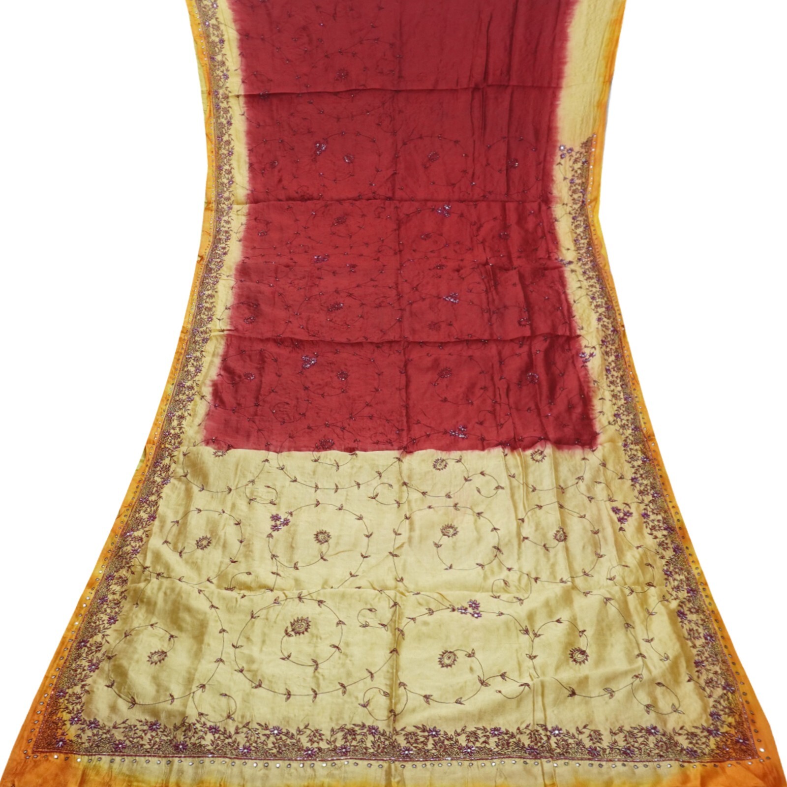 Namaste Vintage Red Sarees 100% Pure Silk Hand Embroidered Sari 5YD Craft Fabric