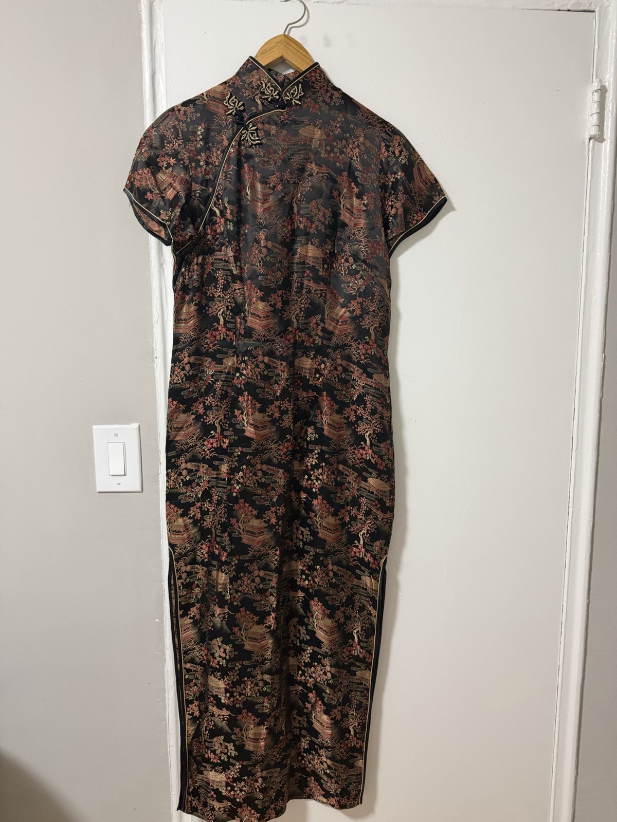 Peony Cheong-sam Dress Black Gold Red Rayon for Women