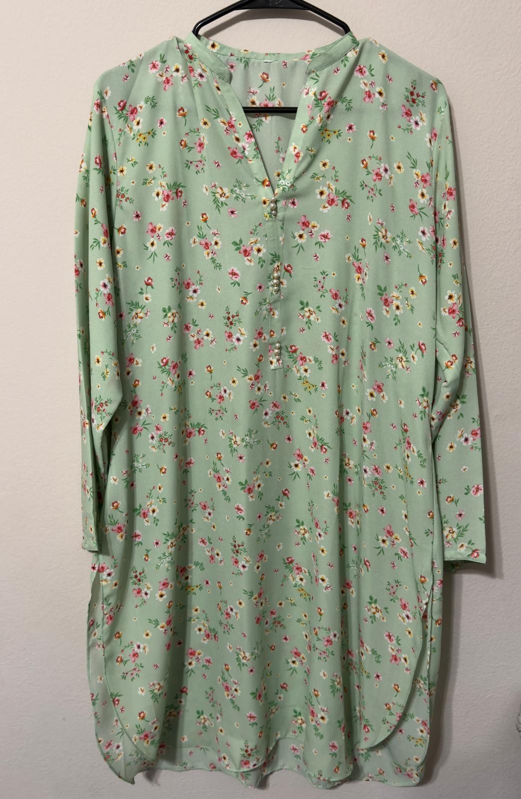Women’s Tunic Top Kurti Kurta Long Shirt Lime Green Floral Print XL