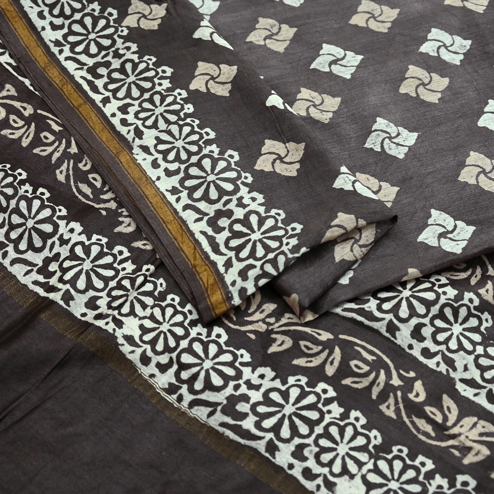 Indian Vintage Sari Brown & Ivory Pure chanderi Silk Block Printed Sarees Fabric