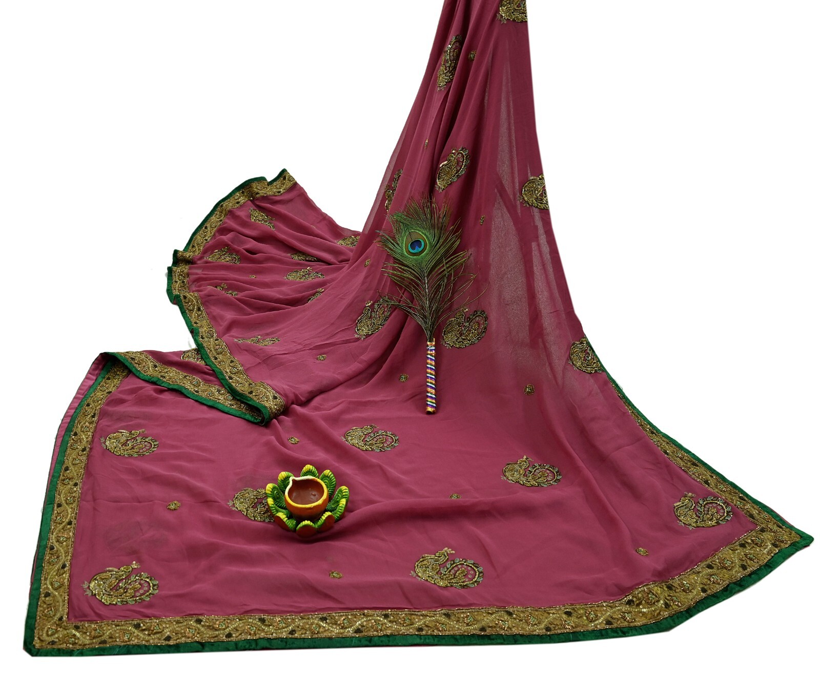 Vintage Heavy Sarees Pink Pure Georgette Silk Hand Embroidered Sari Fabric 5Yd