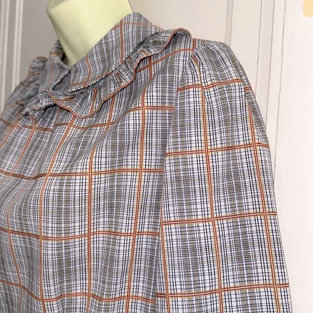 Vintage 70s/80s Handmade Prairie Look Plaid Ruffle Neck Collar Blouse