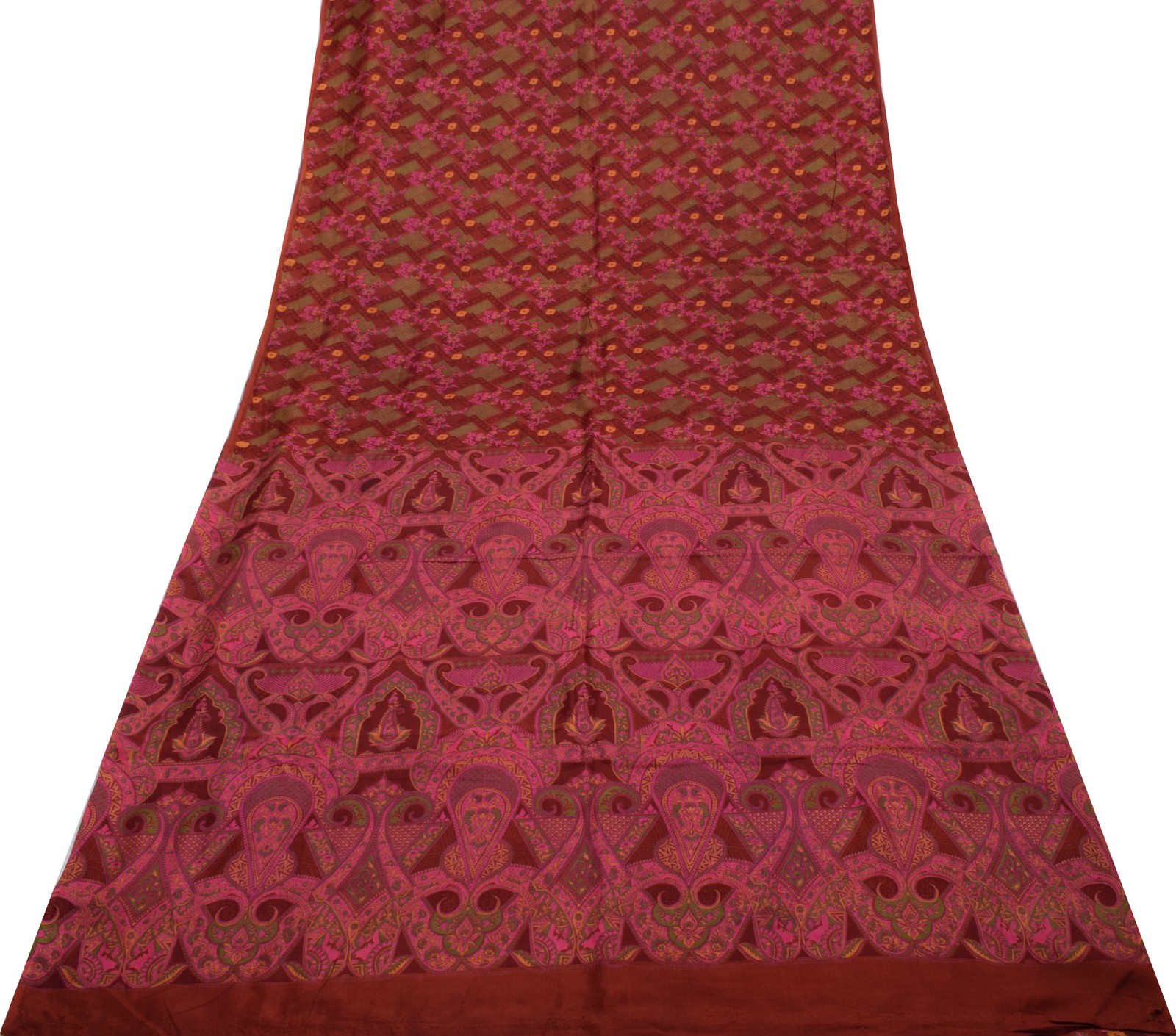 Sushila Vintage Maroon Saree 100% Pure Silk Printed 5 Yard Soft Craft Fabric