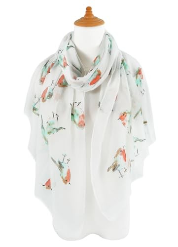 Scarfs for Women Lightweight Floral Birds Print Cotton Scarves Z-tasselwhite