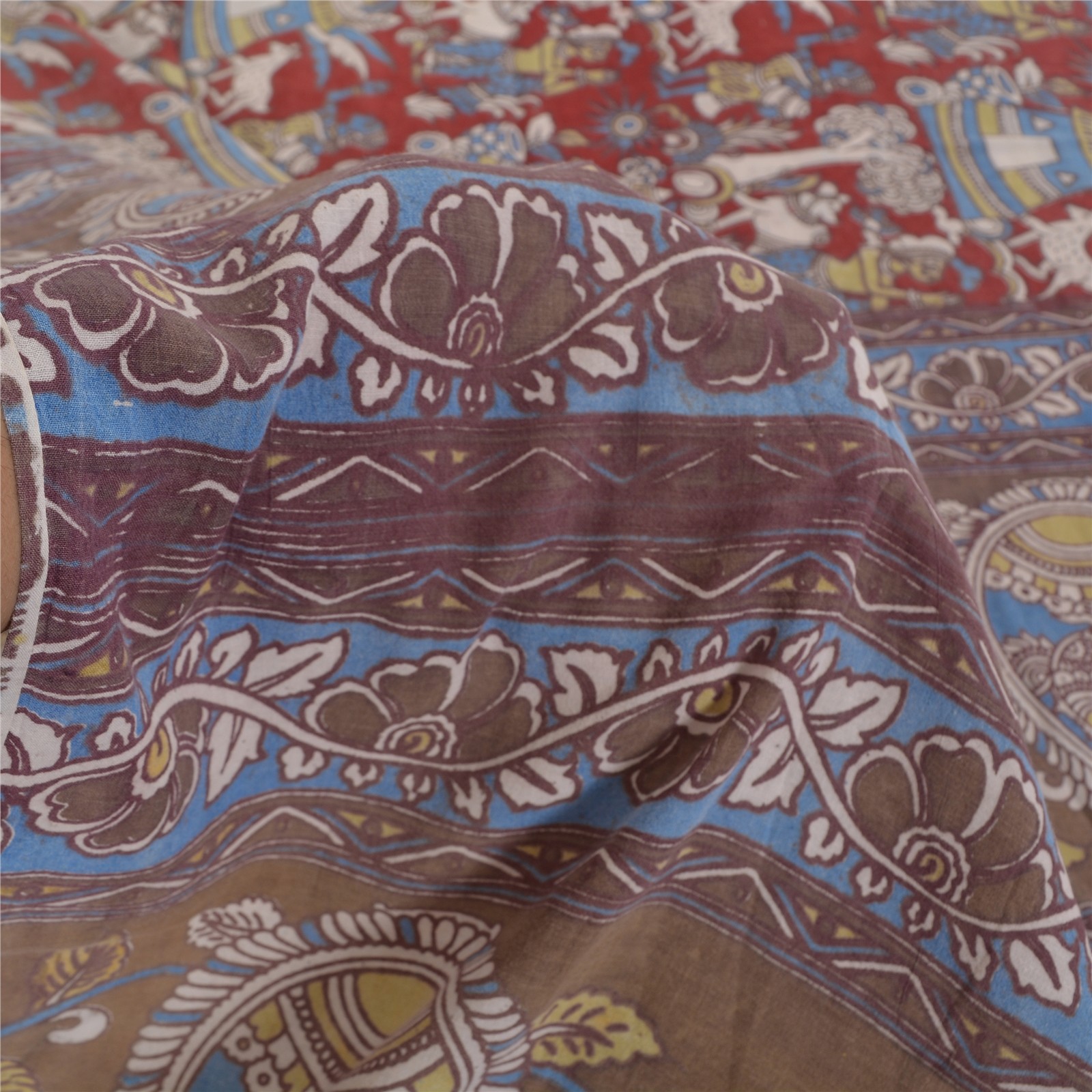 Sanskriti Vintage Gray/Red Pure Cotton Sarees Kalamkari Printed Sari 5+Yd Fabric
